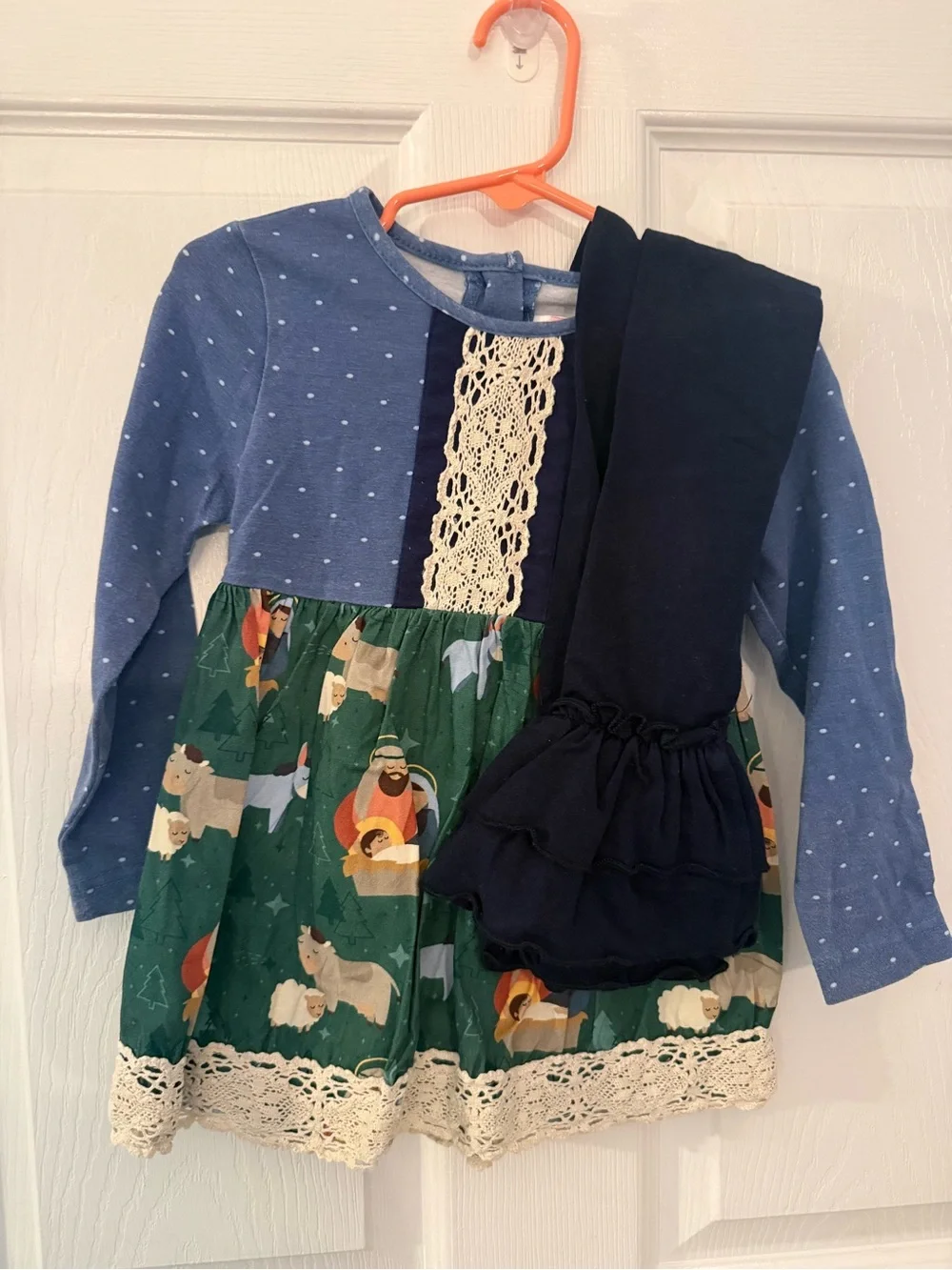 Ricrac & Ruffles Navy Nativity Holiday Matching Set with Lace Trim